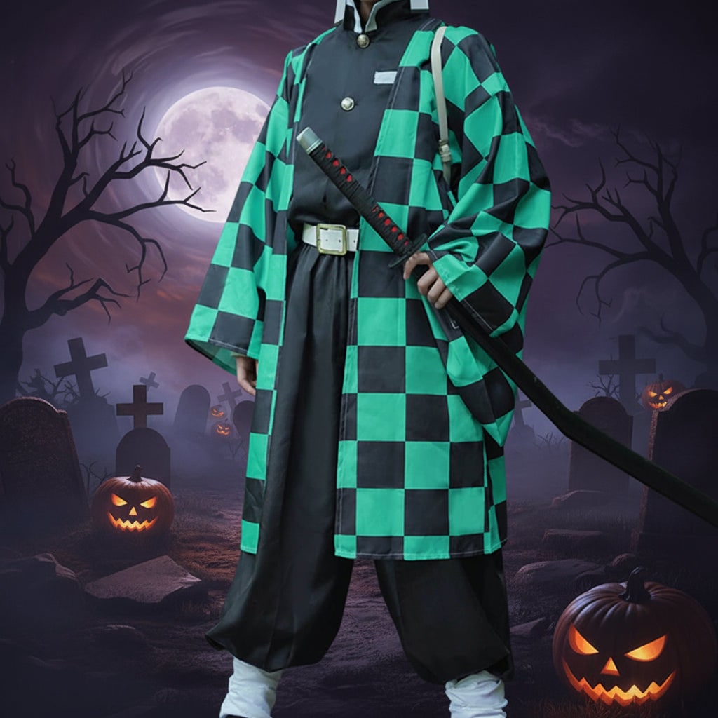 Halloween Anime Cosplay Costume and Outfits with Checkered Haori Coat and Character - Image 1