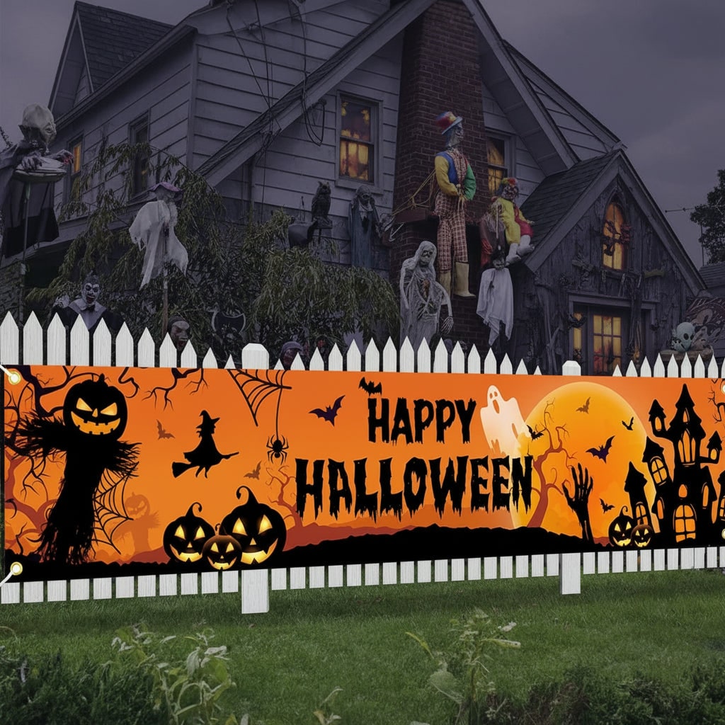 Halloween Banner Large Outdoor Decoration with Pumpkins Witch and Bats for Yard - Image 1