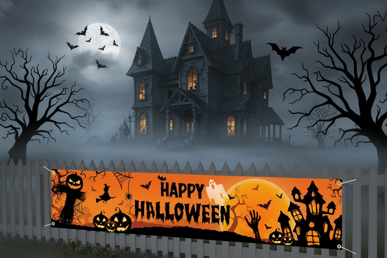 Halloween Banner Large Outdoor Decoration with Pumpkins Witch and Bats for Yard - Image 3