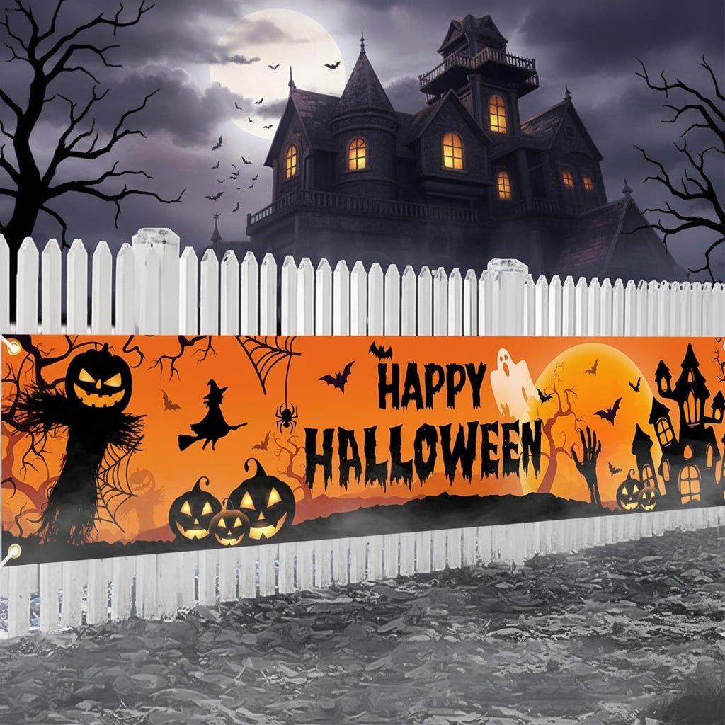 Halloween Banner Large Outdoor Decoration with Pumpkins Witch and Bats for Yard - Image 5