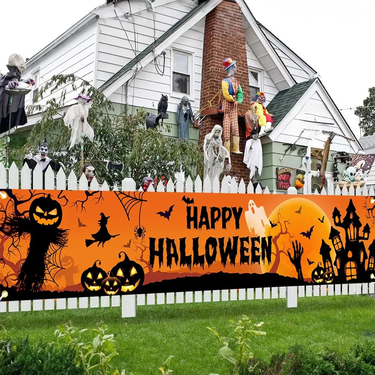 Halloween Banner with Jack O Lantern Pumpkin Witch Scarecrow Outdoor Yard Decoration - Image 1