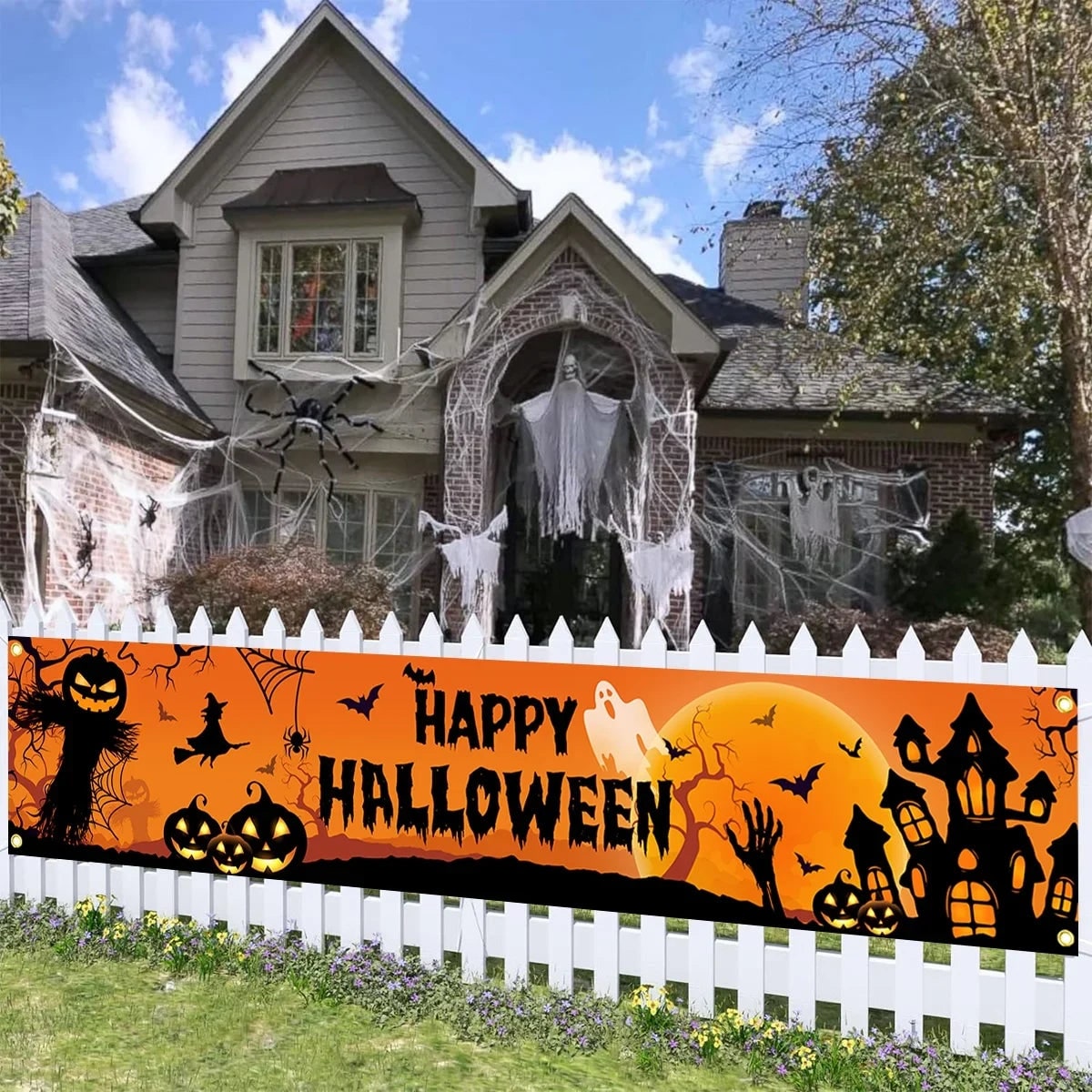 Halloween Banner with Jack O Lantern Pumpkin Witch Scarecrow Outdoor Yard Decoration - Image 2