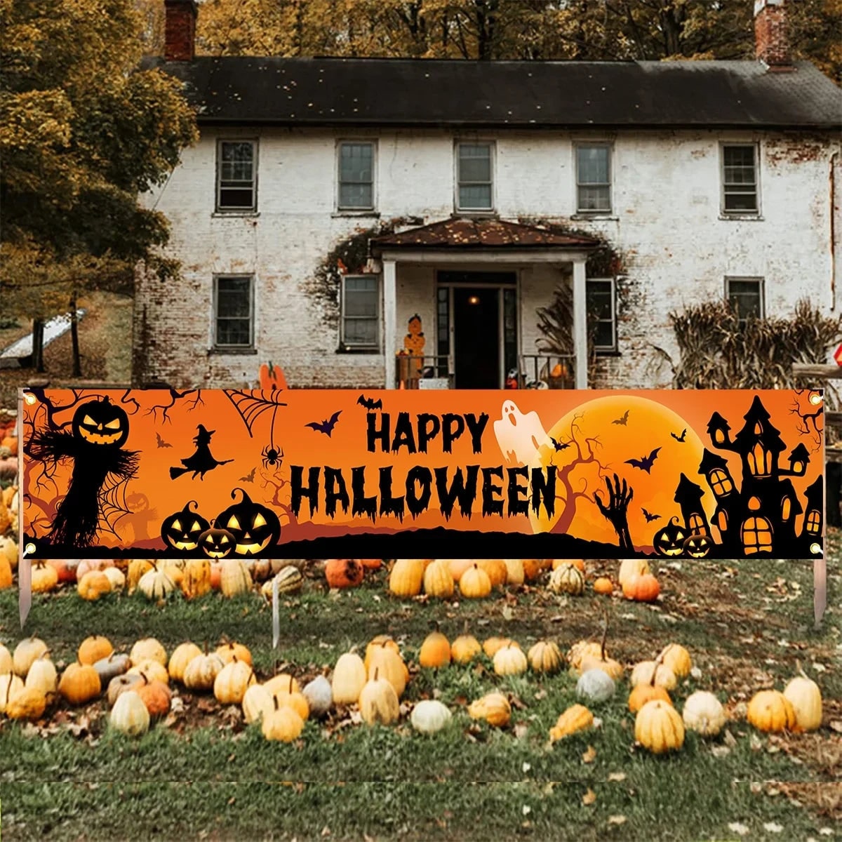 Halloween Banner with Jack O Lantern Pumpkin Witch Scarecrow Outdoor Yard Decoration - Image 4