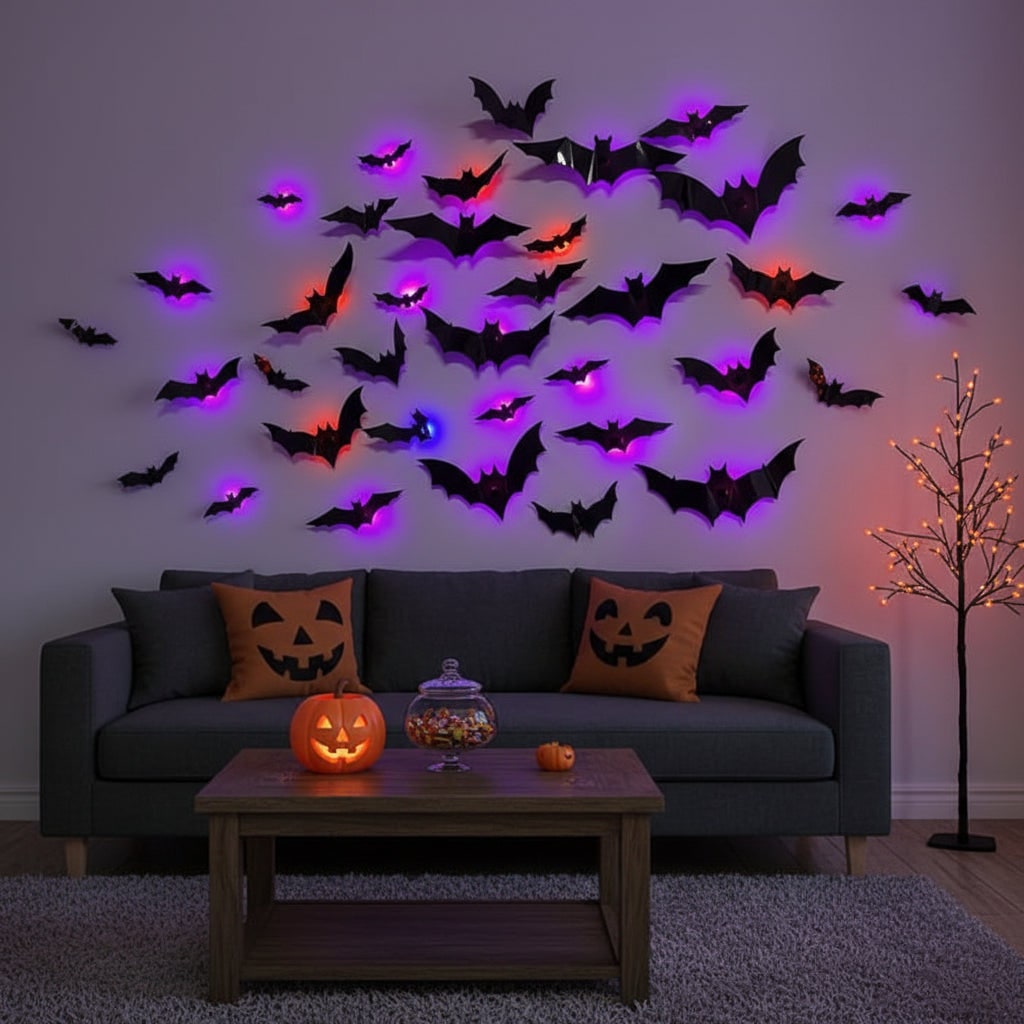 Halloween Bat Wall Decals with LED Lights Peel and Stick Decorative for Indoor Outdoor Decoration - Image 1