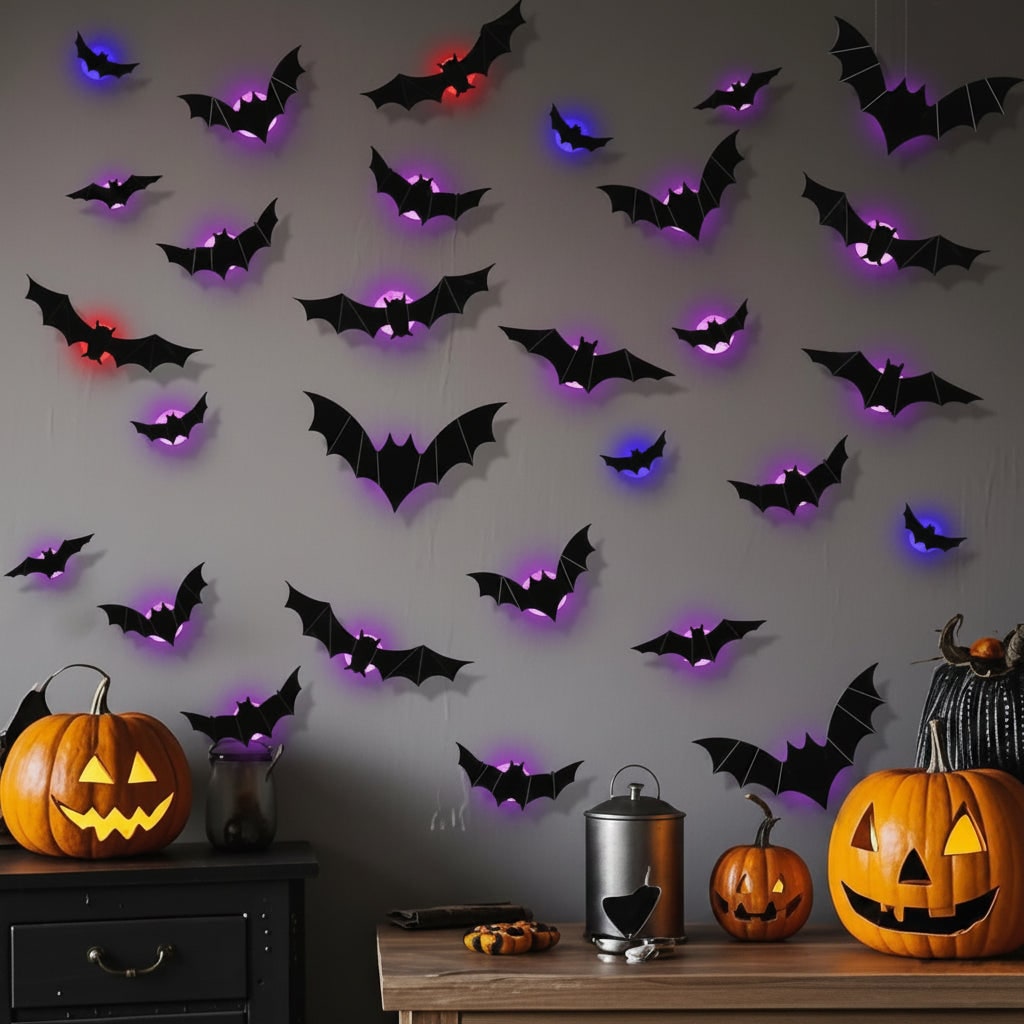 Halloween Bat Wall Decals with LED Lights Peel and Stick Decorative for Indoor Outdoor Decoration - Image 2