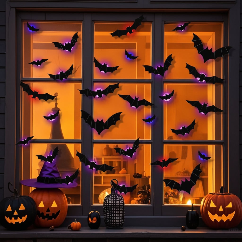 Halloween Bat Wall Decals with LED Lights Peel and Stick Decorative for Indoor Outdoor Decoration - Image 3