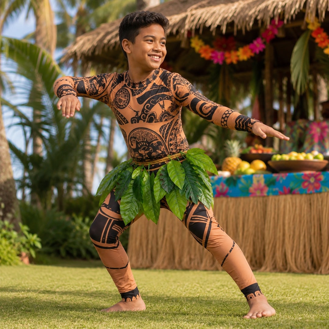 Halloween Bodysuit Costume with Tattoo Print and Faux Leaf Skirt Maui - Image 1