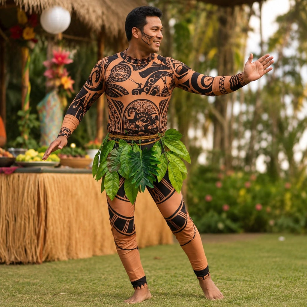 Halloween Bodysuit Costume with Tattoo Print and Faux Leaf Skirt Maui - Image 2