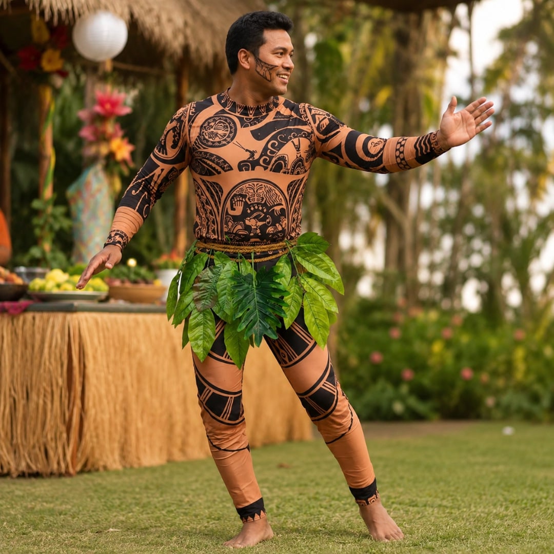 Halloween Bodysuit Costume with Tattoo Print and Faux Leaf Skirt Maui - Image 2
