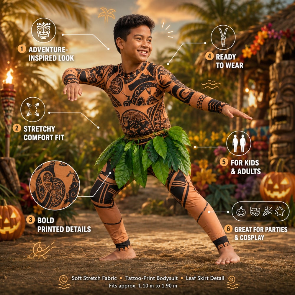 Halloween Bodysuit Costume with Tattoo Print and Faux Leaf Skirt Maui - Image 4