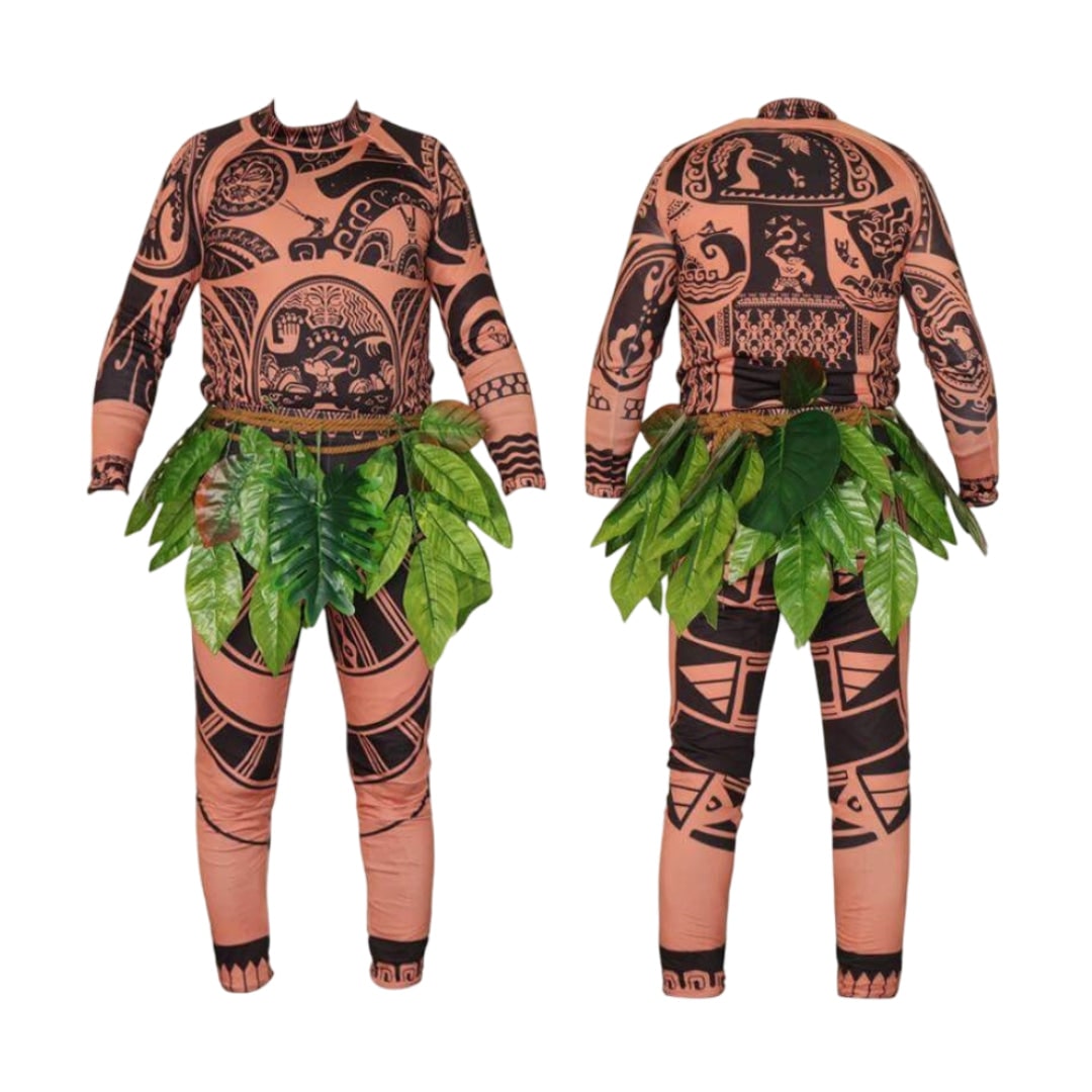 Halloween Bodysuit Costume with Tattoo Print and Faux Leaf Skirt Maui - Image 5