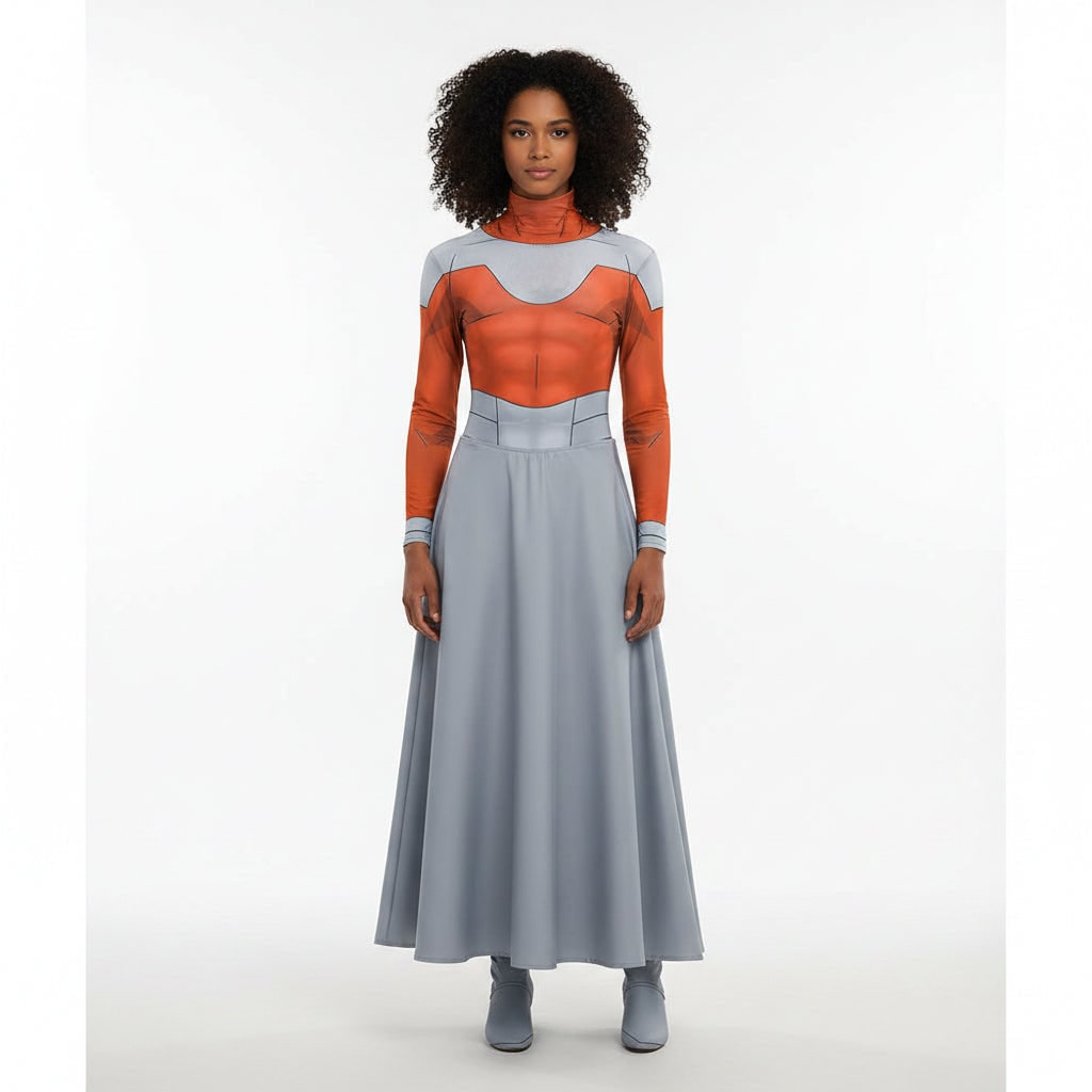 Halloween Cosplay Costume Set with Sci-Fi Armor Print Skirt and Cape - Image 1
