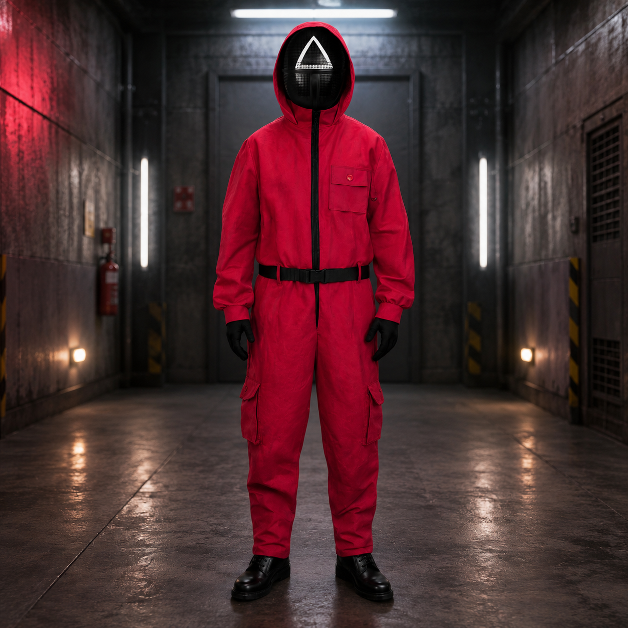 Halloween Costume Red Jumpsuit with Hooded and Belt for Cosplay Party Dress-Up - Image 1