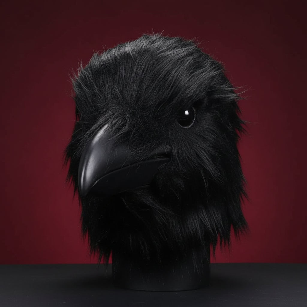 Halloween Crow Mask with Creepy Black Faux Fur Full Head Costume Venetian Masquerade - Image 2