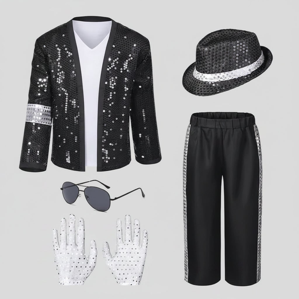 Halloween Dance Costume Michael Jackson Outfit with Sequin Jacket Fedora Hat and Gloves for Party - Image 2