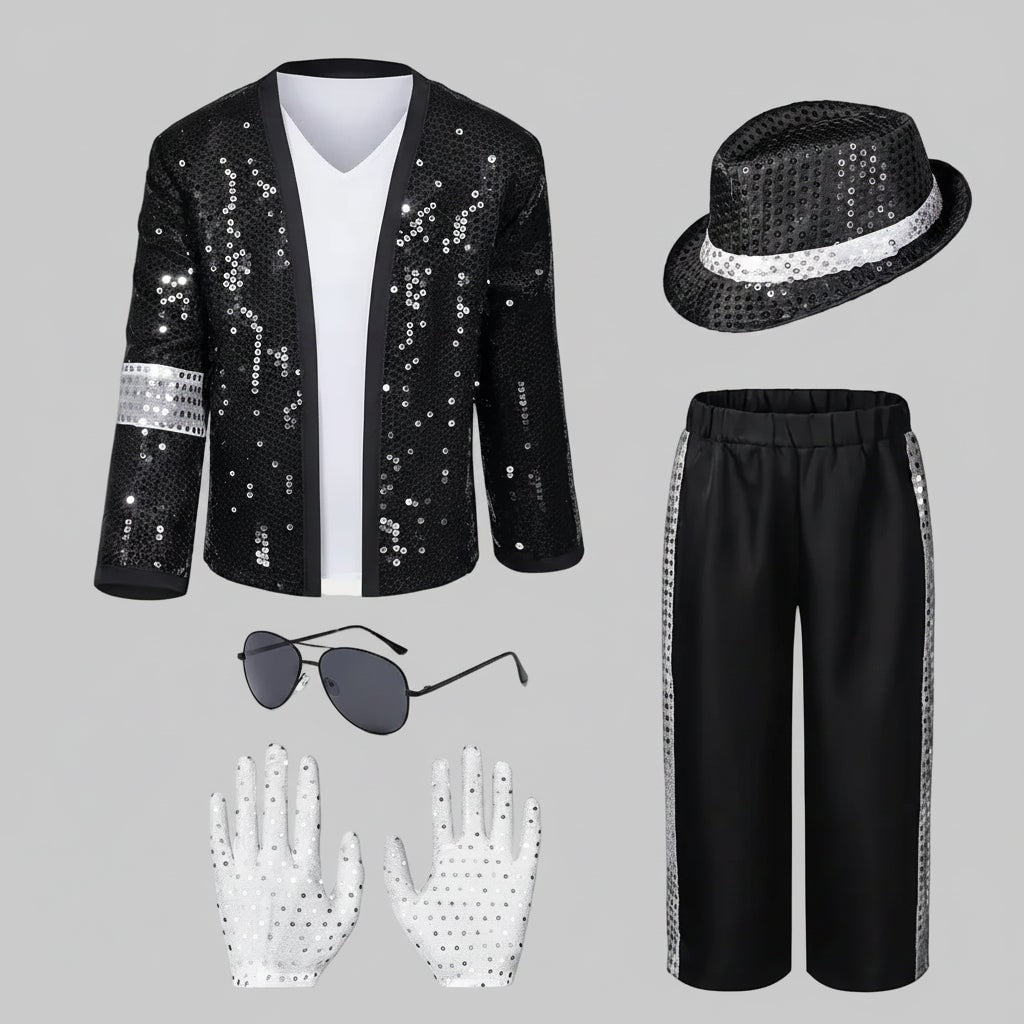 Halloween Dance Costume Michael Jackson Outfit with Sequin Jacket Fedora Hat and Gloves for Party - Image 4
