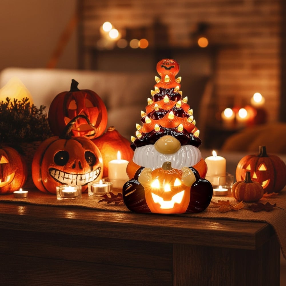 Halloween Decor Ceramic Gnome Tree with LED Lights Battery Operated Tabletop Figurine - Image 1