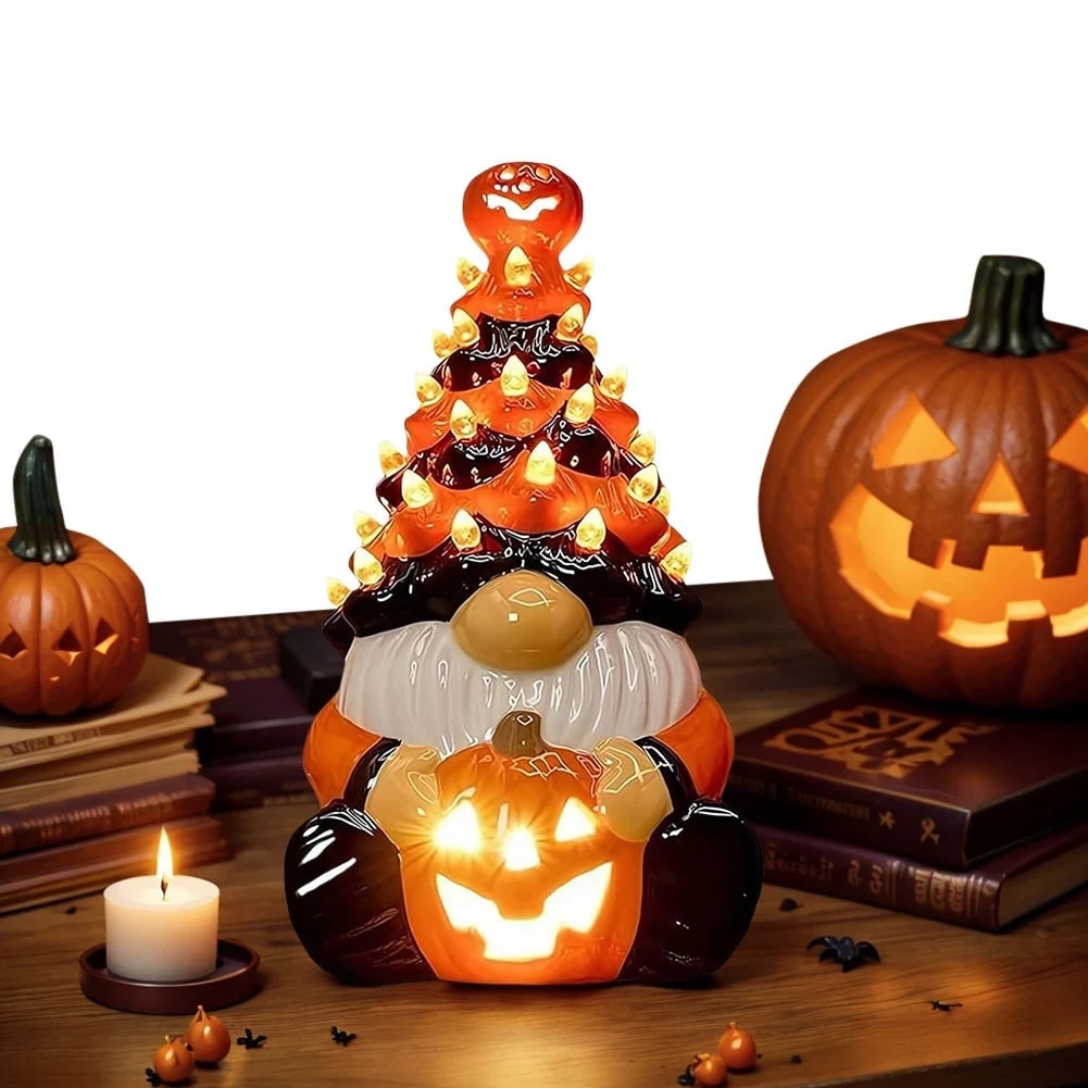 Halloween Decor Ceramic Gnome Tree with LED Lights Battery Operated Tabletop Figurine - Image 2