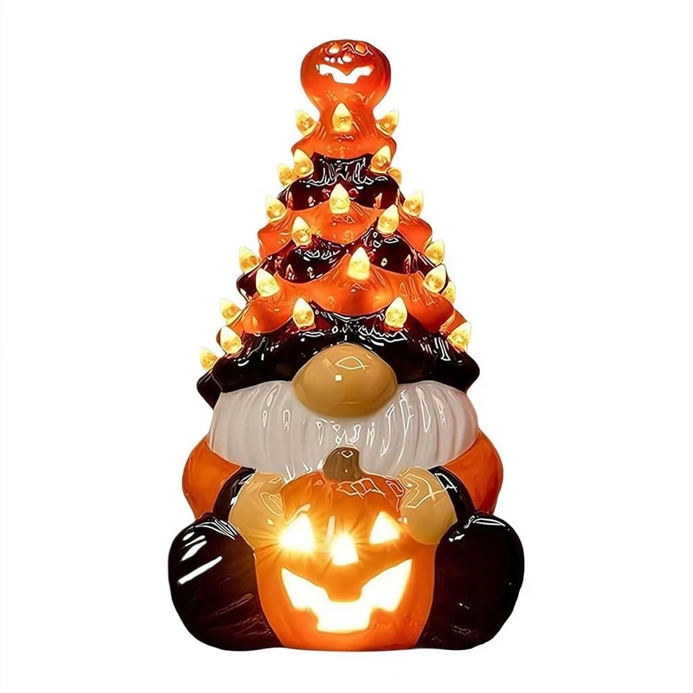 Halloween Decor Ceramic Gnome Tree with LED Lights Battery Operated Tabletop Figurine - Image 3