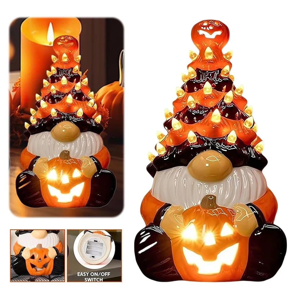 Halloween Decor Ceramic Gnome Tree with LED Lights Battery Operated Tabletop Figurine - Image 4