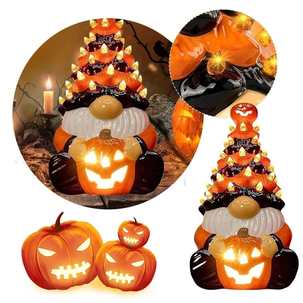 Halloween Decor Ceramic Gnome Tree with LED Lights Battery Operated Tabletop Figurine - Image 5