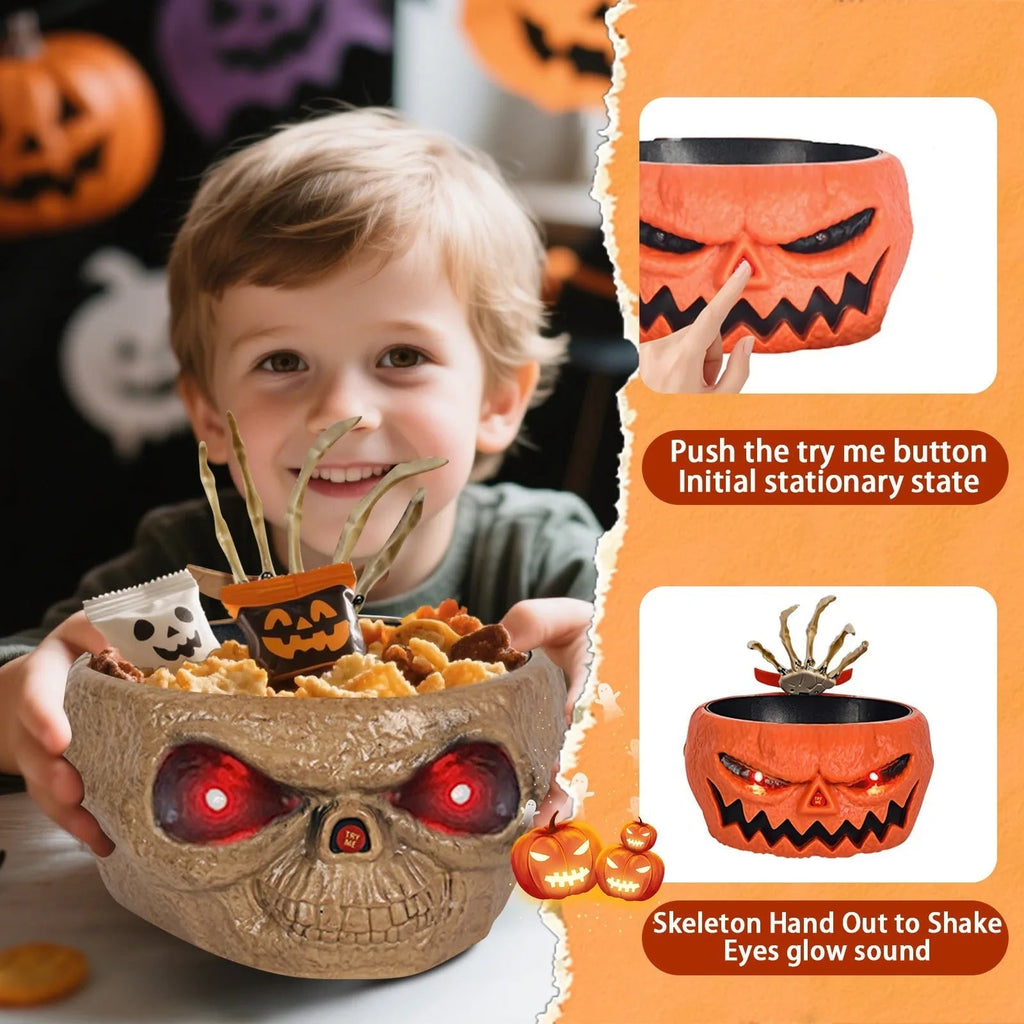 Halloween Decoration Animated Candy Bowl with Motion Sensor LED Eyes and Skeleton Hand for Party - Image 1