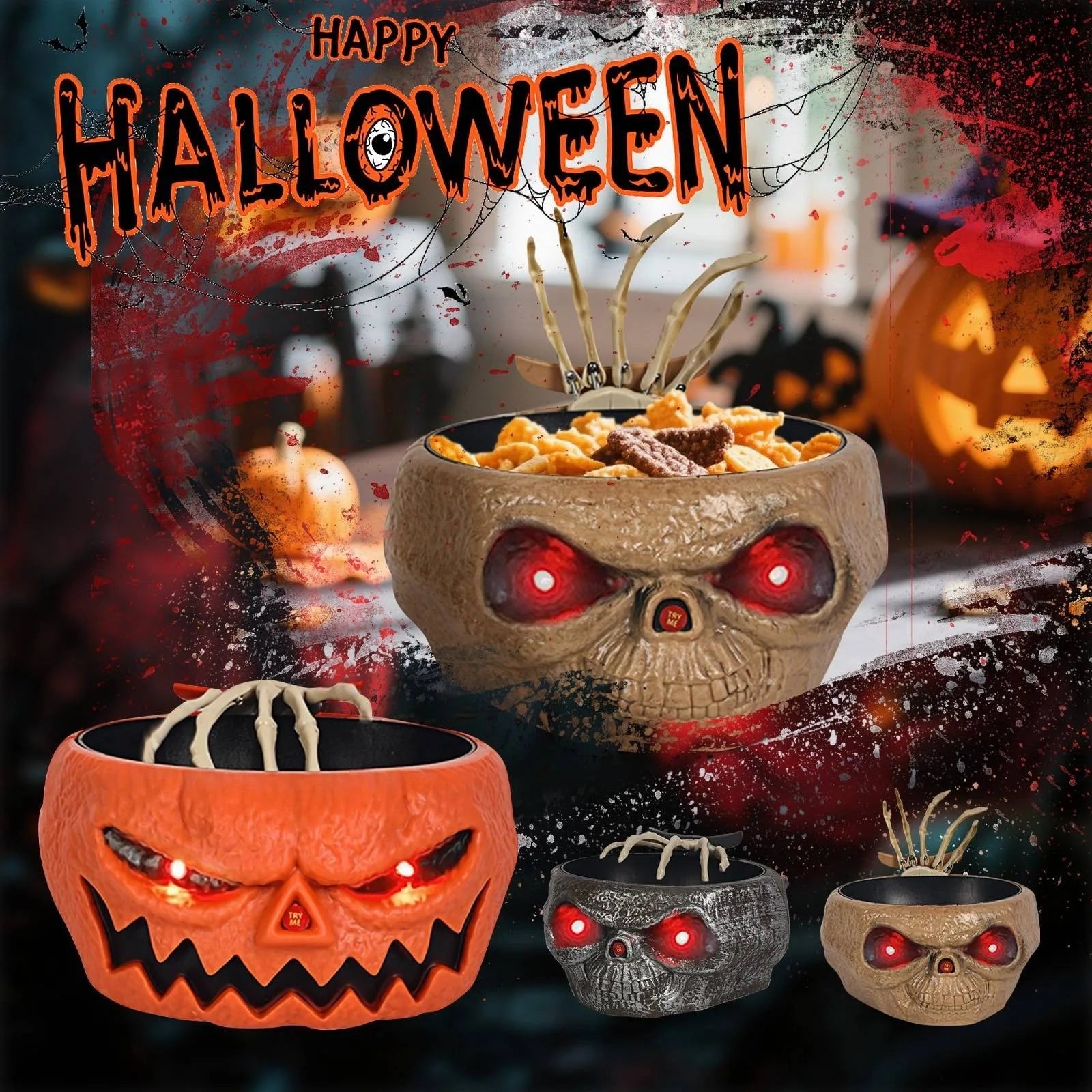 Halloween Decoration Animated Candy Bowl with Motion Sensor LED Eyes and Skeleton Hand for Party - Image 2