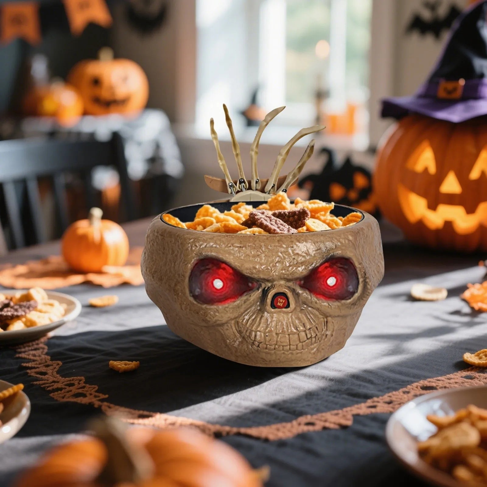 Halloween Decoration Animated Candy Bowl with Motion Sensor LED Eyes and Skeleton Hand for Party - Image 3