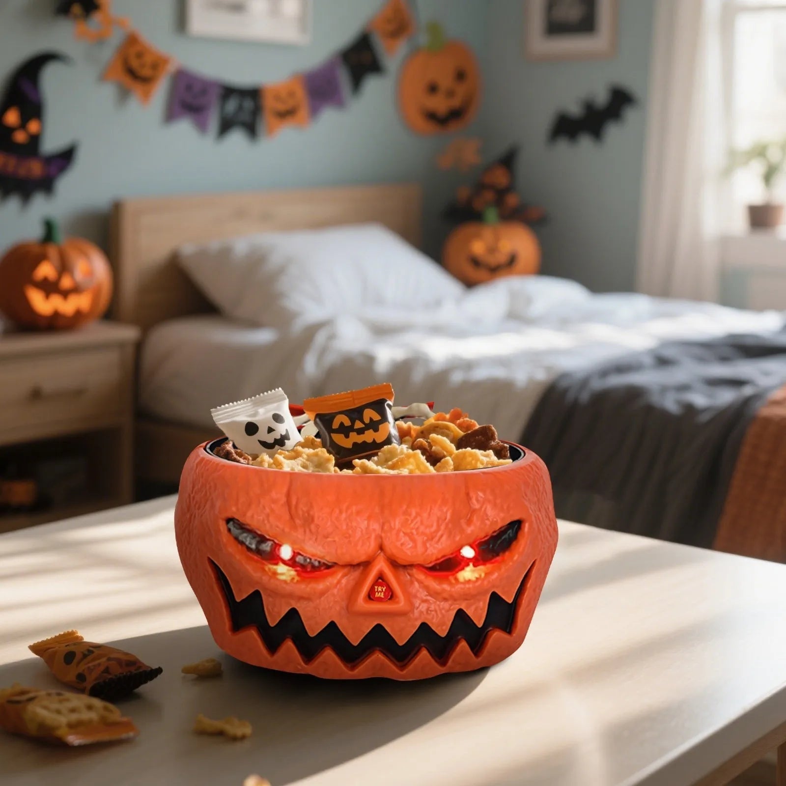 Halloween Decoration Animated Candy Bowl with Motion Sensor LED Eyes and Skeleton Hand for Party - Image 4