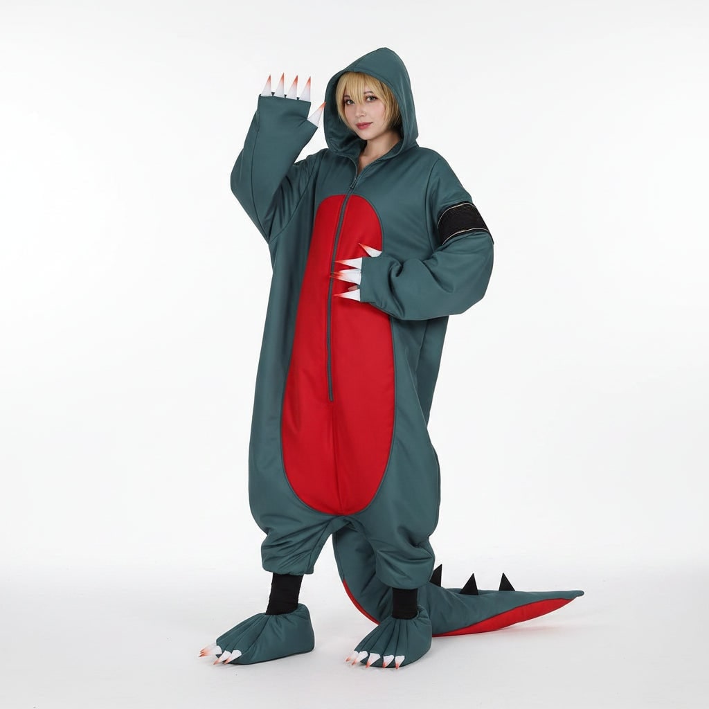 Halloween Dinosaur Cosplay Costume Onesie Jumpsuit with Wig and Shoe Covers for Party - Image 1