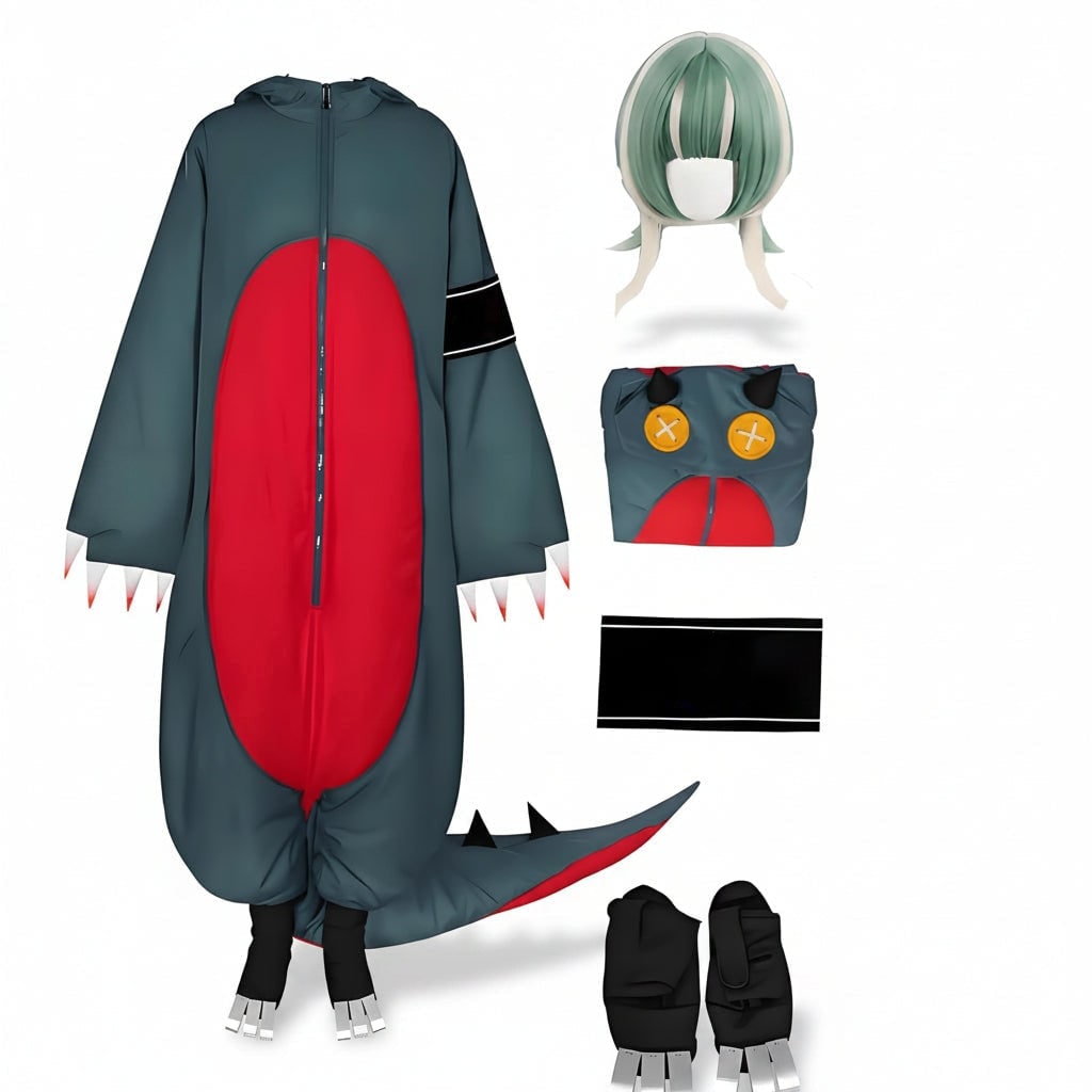 Halloween Dinosaur Cosplay Costume Onesie Jumpsuit with Wig and Shoe Covers for Party - Image 3