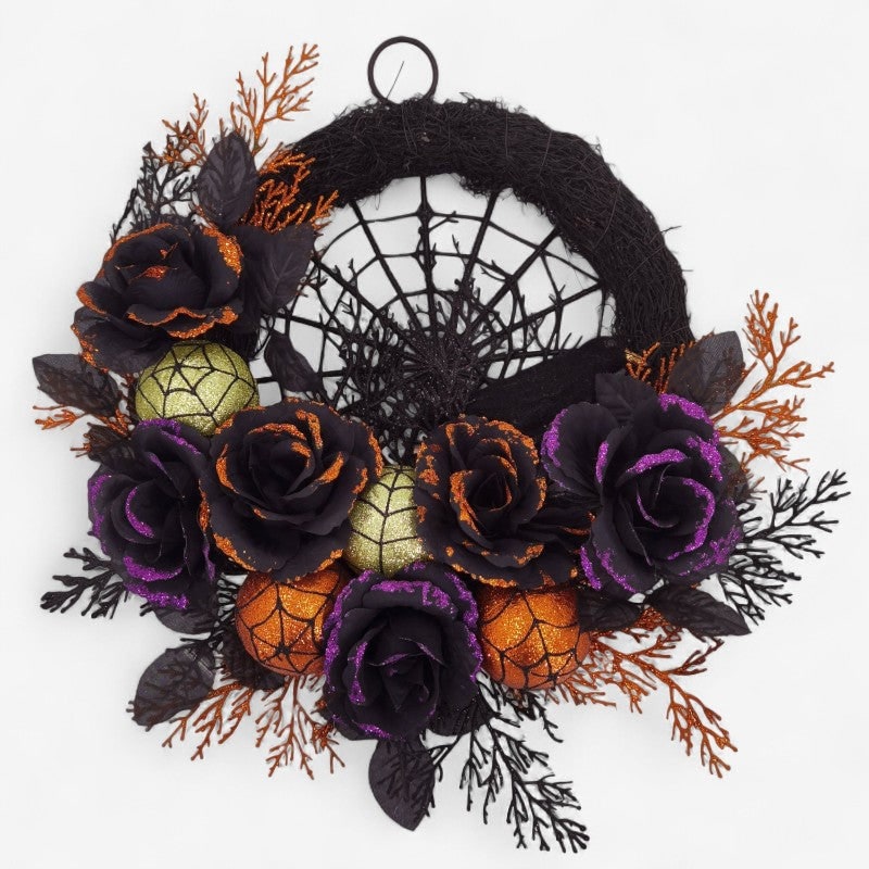 Halloween Door Wreath with Black Roses Spiderweb and Glitter Ornaments for Indoor Decoration - Image 1