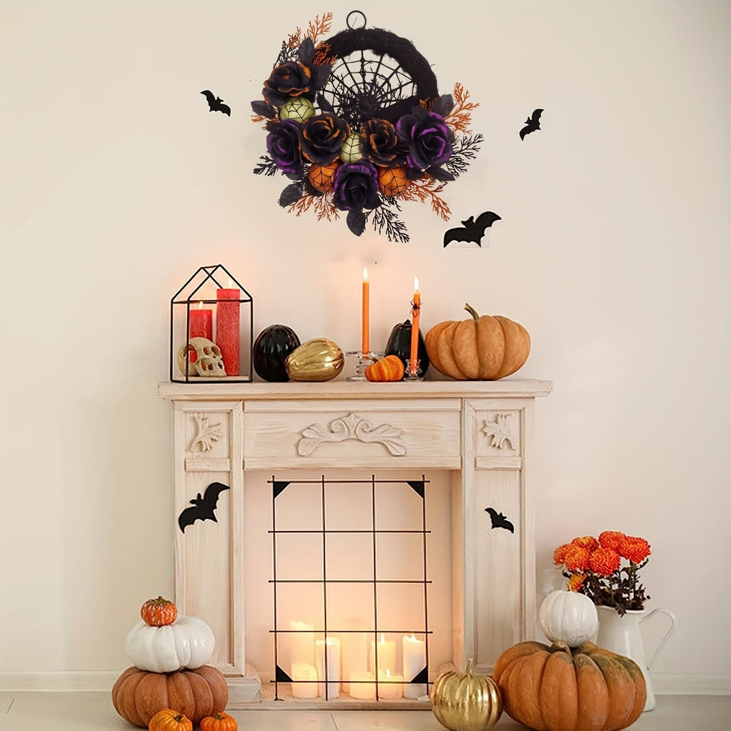 Halloween Door Wreath with Black Roses Spiderweb and Glitter Ornaments for Indoor Decoration - Image 2