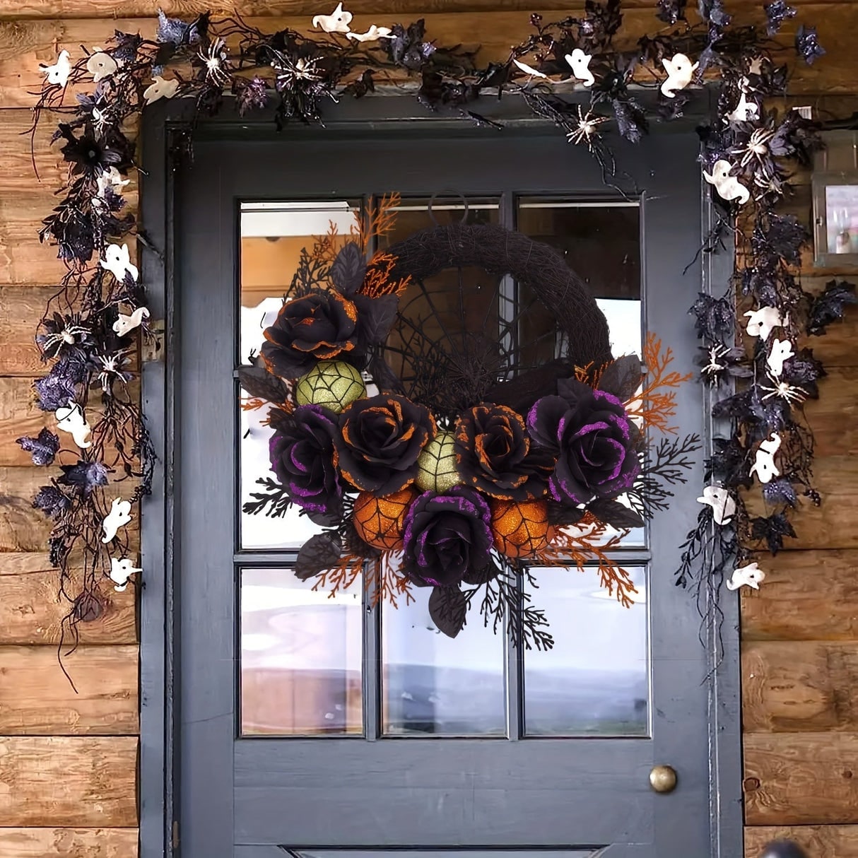 Halloween Door Wreath with Black Roses Spiderweb and Glitter Ornaments for Indoor Decoration - Image 3