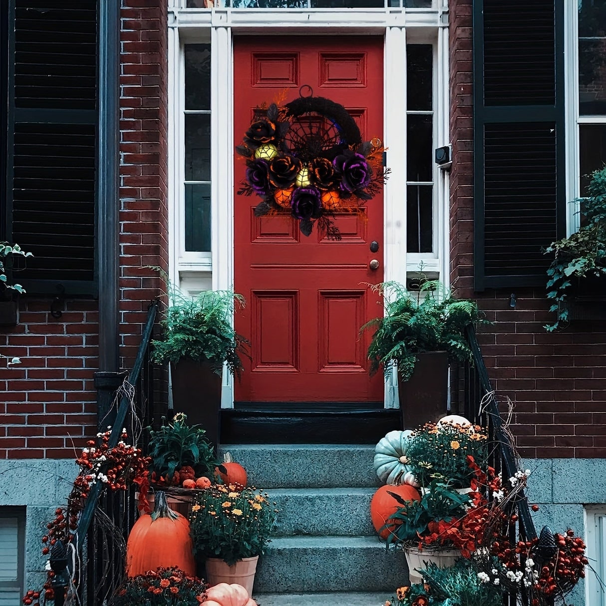 Halloween Door Wreath with Black Roses Spiderweb and Glitter Ornaments for Indoor Decoration - Image 4