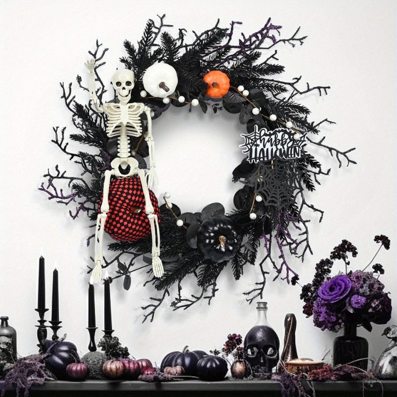 Halloween Door Wreath with Jack O Lantern Pumpkins and Skeleton for Party Decorations - Image 2