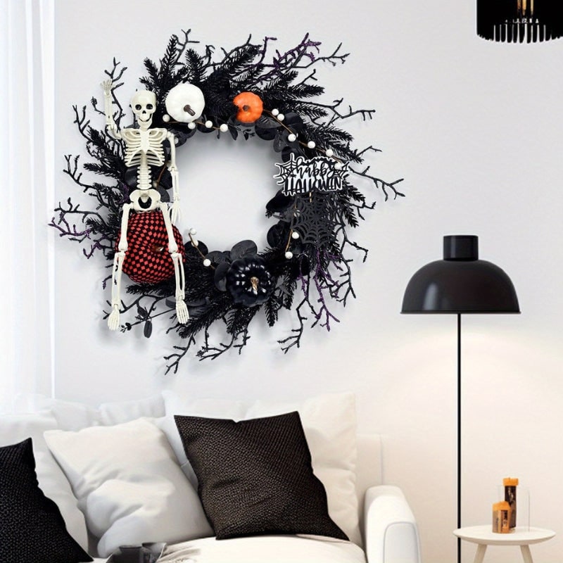Halloween Door Wreath with Jack O Lantern Pumpkins and Skeleton for Party Decorations - Image 3