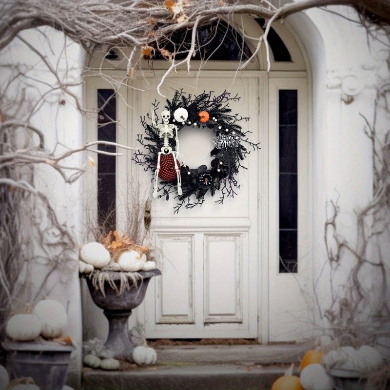 Halloween Door Wreath with Jack O Lantern Pumpkins and Skeleton for Party Decorations - Image 4