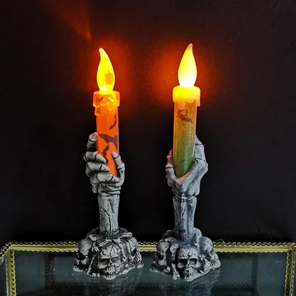 Halloween Flameless LED Taper Candle with Battery Operated Skeleton Hand Holder for Party Decoration - Image 1