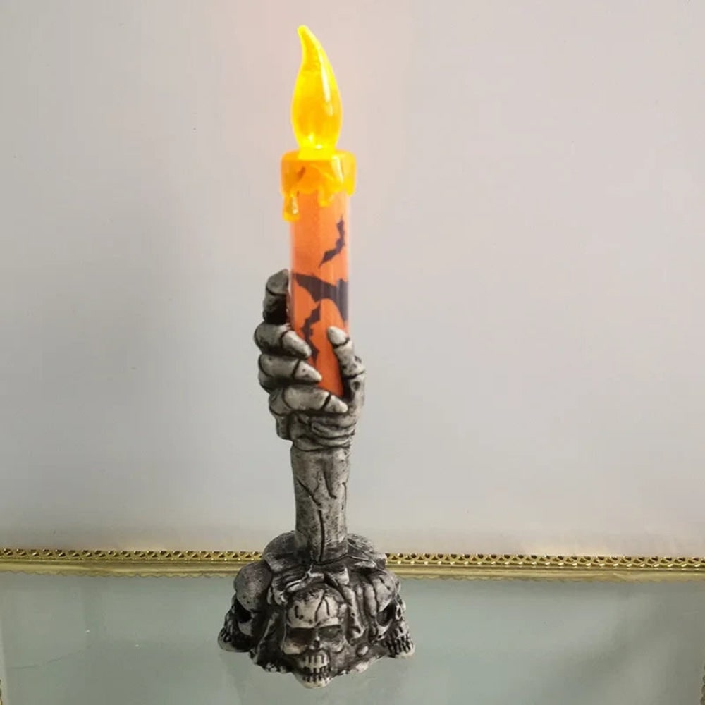 Halloween Flameless LED Taper Candle with Battery Operated Skeleton Hand Holder for Party Decoration - Image 2