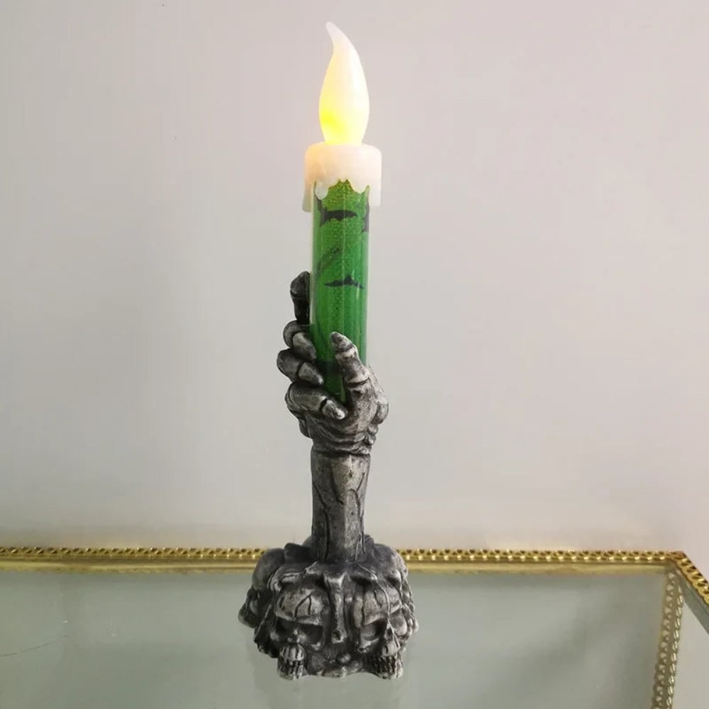 Halloween Flameless LED Taper Candle with Battery Operated Skeleton Hand Holder for Party Decoration - Image 3