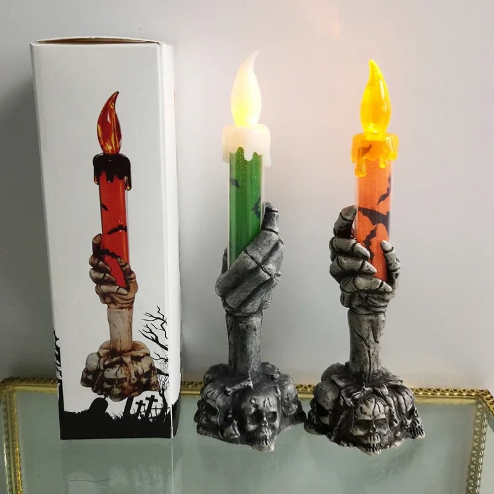 Halloween Flameless LED Taper Candle with Battery Operated Skeleton Hand Holder for Party Decoration - Image 4