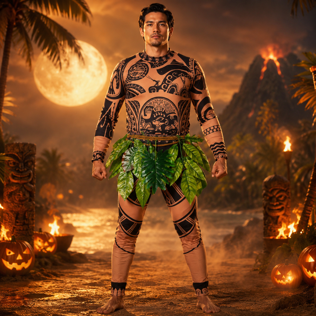 Halloween Full Body Spandex Bodysuit Costume with Tribal Tattoo Print and Leaf Skirt - Image 1