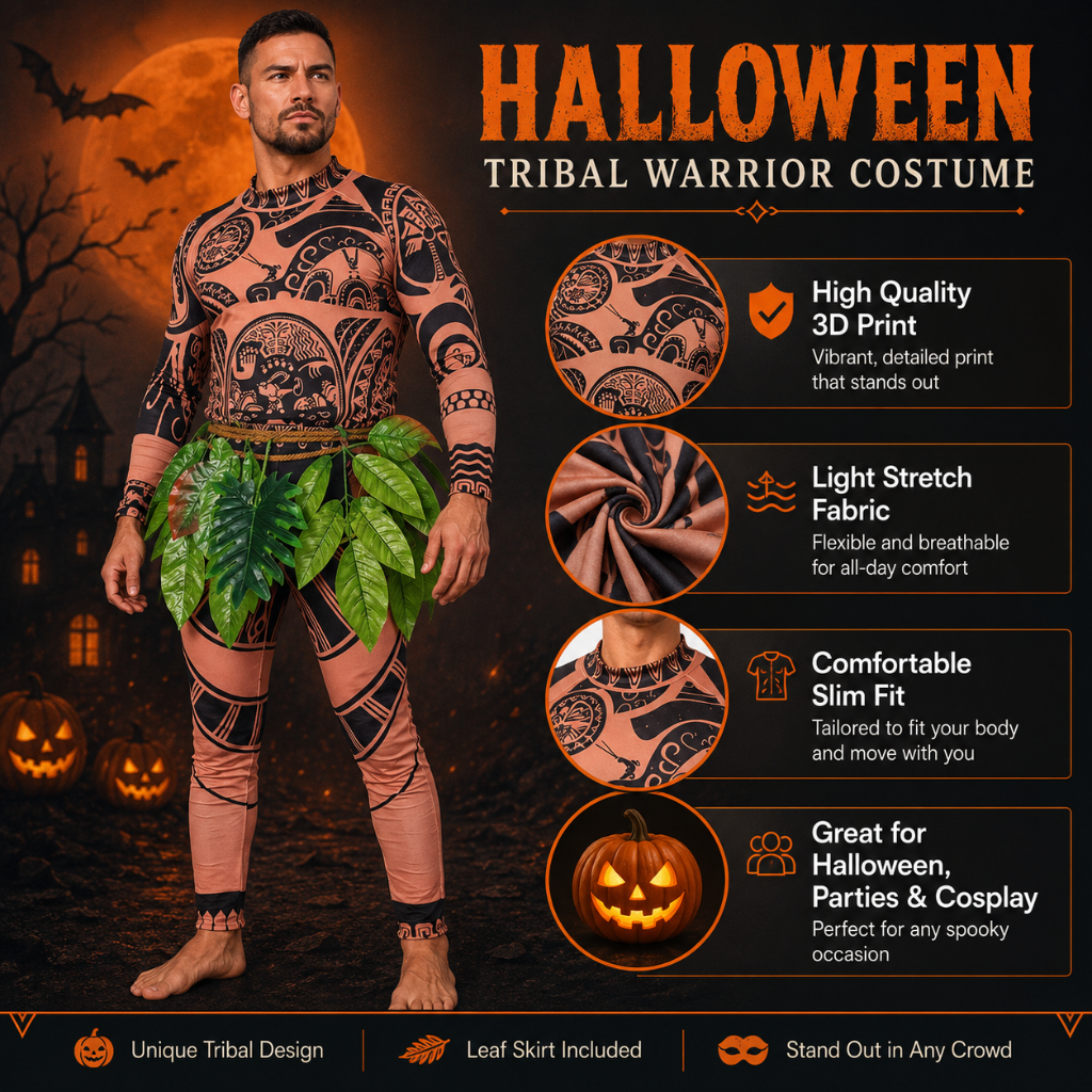 Halloween Full Body Spandex Bodysuit Costume with Tribal Tattoo Print and Leaf Skirt - Image 3