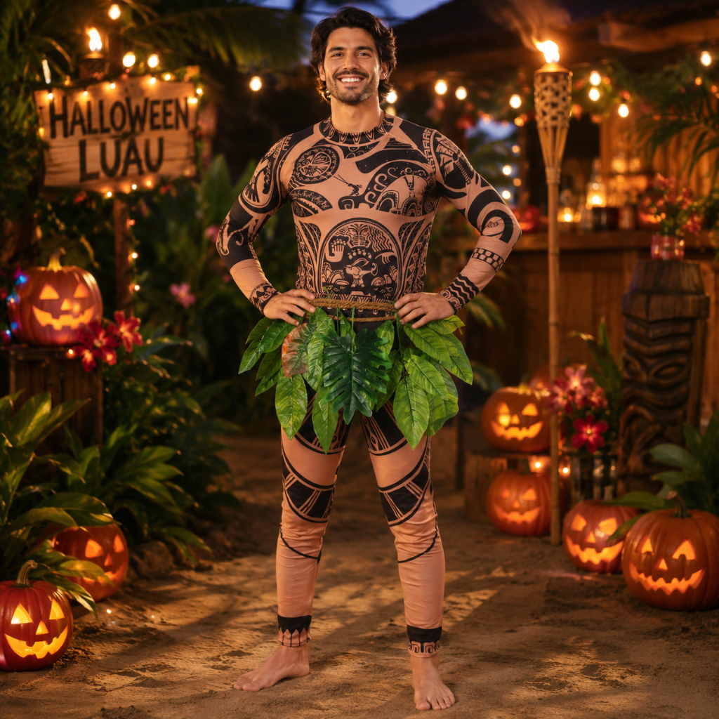 Halloween Full Body Spandex Bodysuit Costume with Tribal Tattoo Print and Leaf Skirt - Image 4