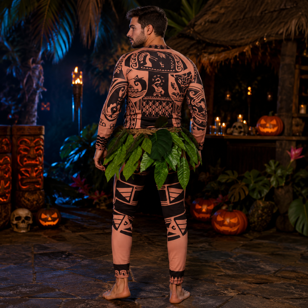 Halloween Full Body Spandex Bodysuit Costume with Tribal Tattoo Print and Leaf Skirt - Image 5