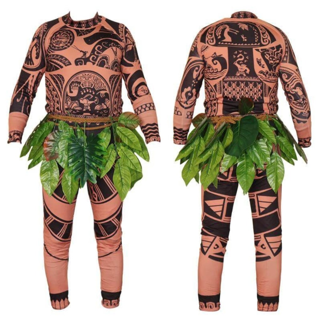Halloween Full Body Spandex Bodysuit Costume with Tribal Tattoo Print and Leaf Skirt - Image 6
