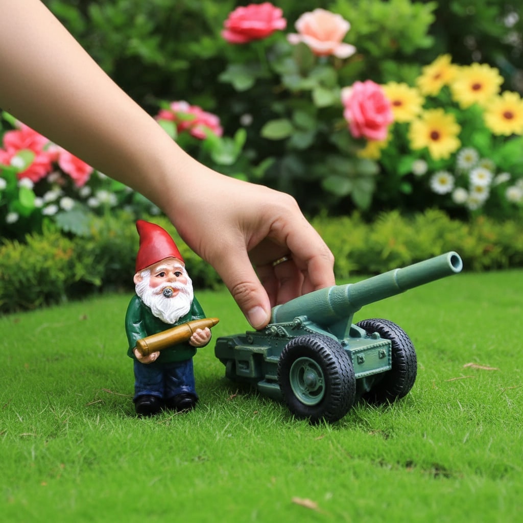 Halloween Funny Garden Gnome Figurine and Cannon Resin Miniature Set Solar - Image 1