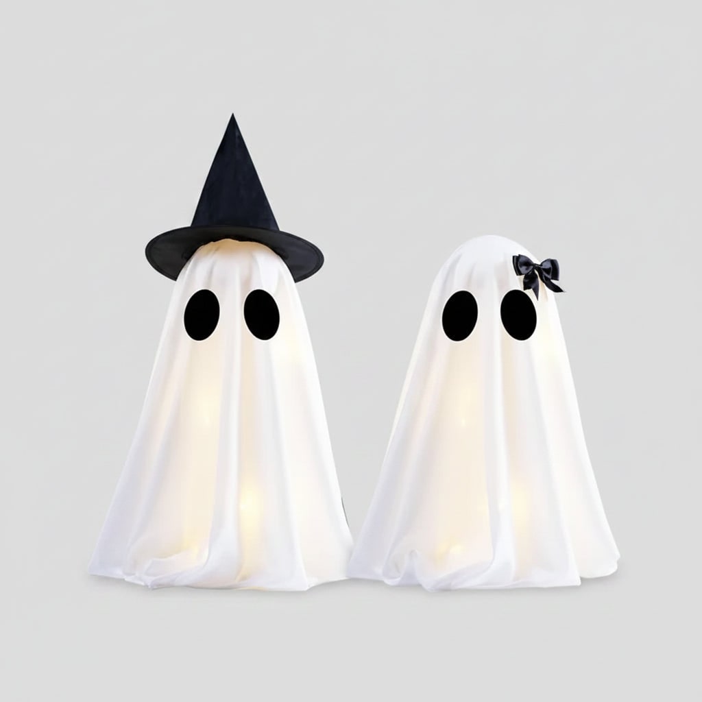 Halloween Ghost Decorations with Warm White LED Lights Set of Two Up for Tabletop Party Decor - Image 2