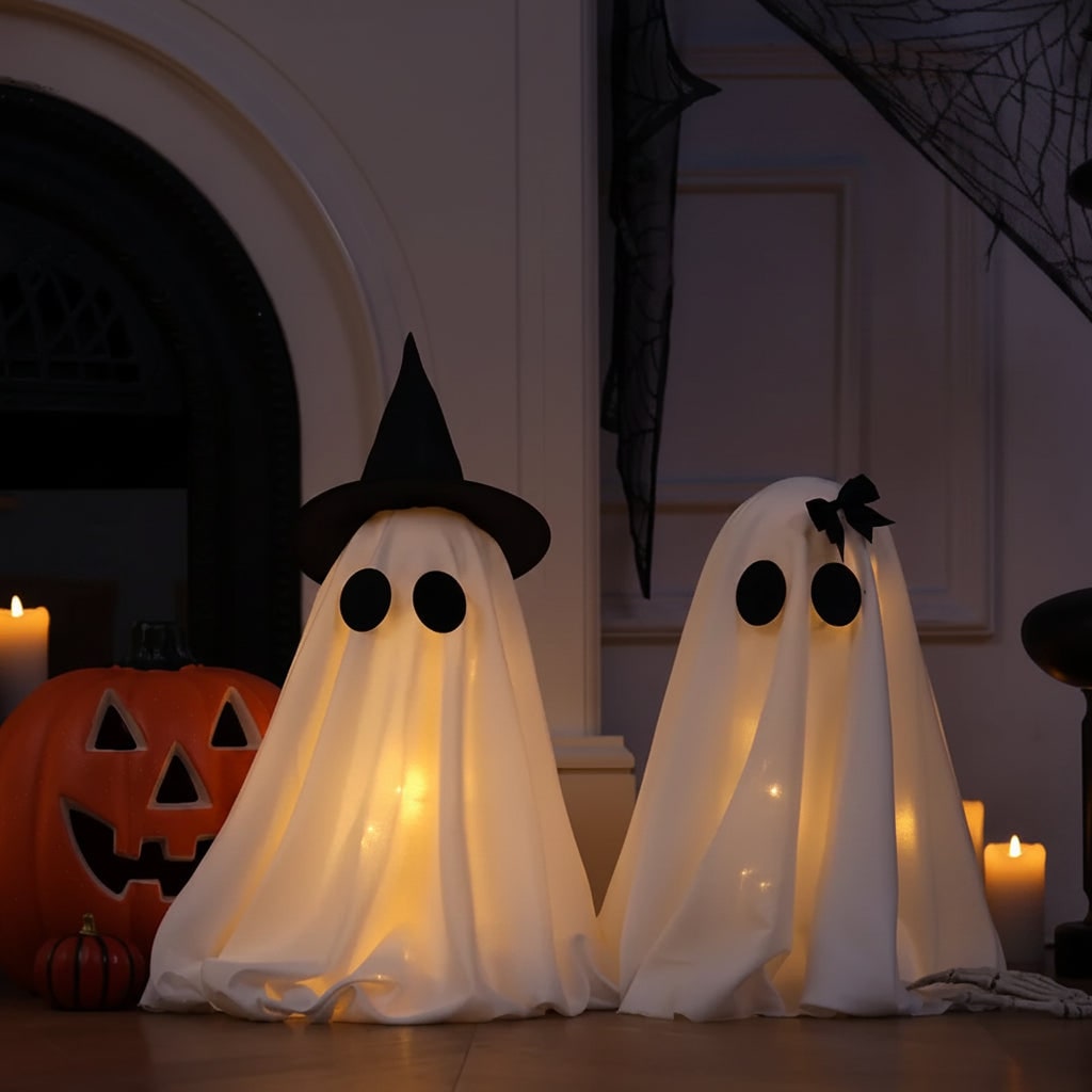Halloween Ghost Decorations with Warm White LED Lights Set of Two Up for Tabletop Party Decor - Image 3